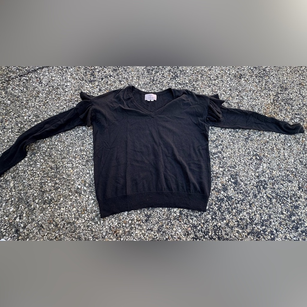 FOLK Hansel From Basel Anthropologie US S Black Knit Ruffle V Neck Sweater Top